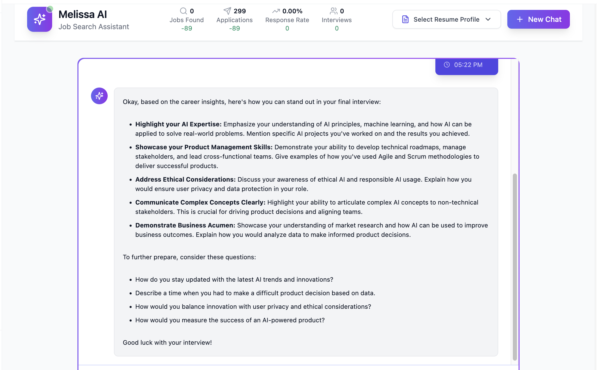 Ask Melissa showing interview prep results for Microsoft Senior Product Manager role