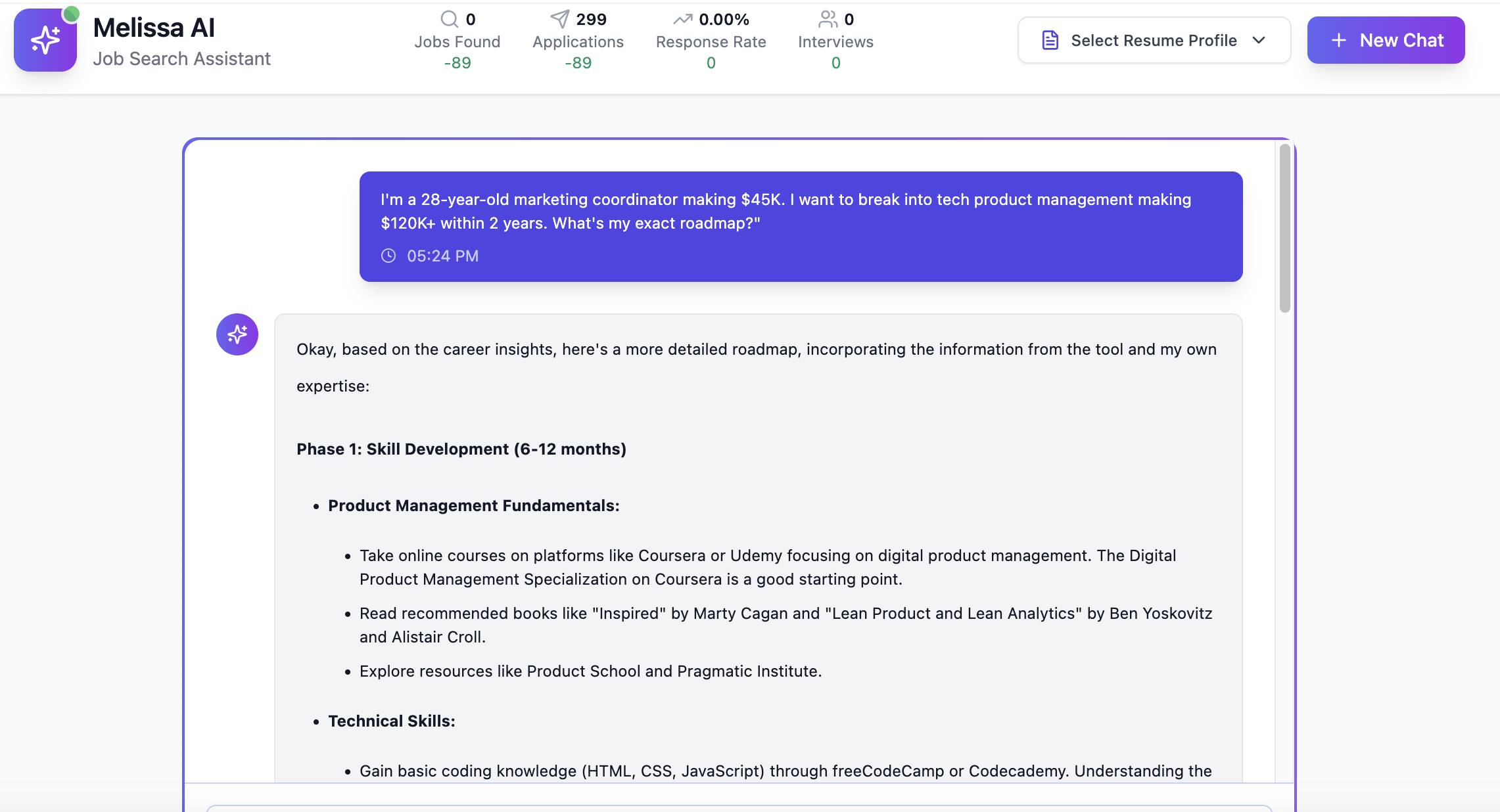 Ask Melissa showing career strategy results for tech product management role