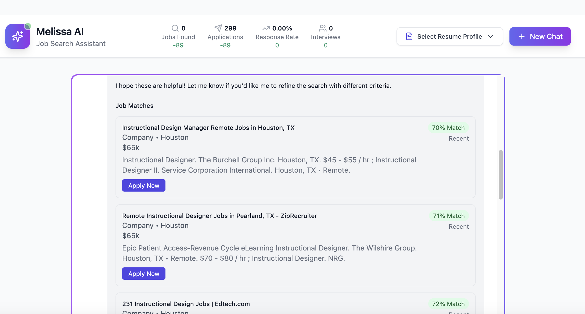 Ask Melissa showing job search results for instructional design jobs in Houston