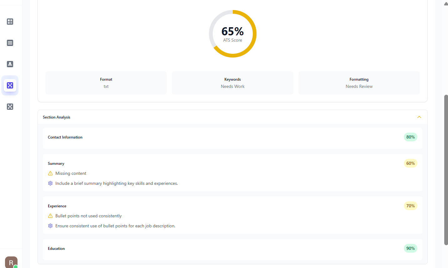 ATS Scorer tool showing resume optimization