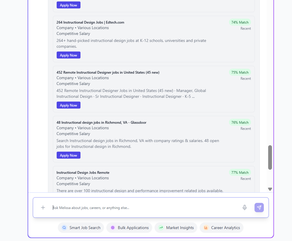 Ask Melissa AI assistant showing job search results