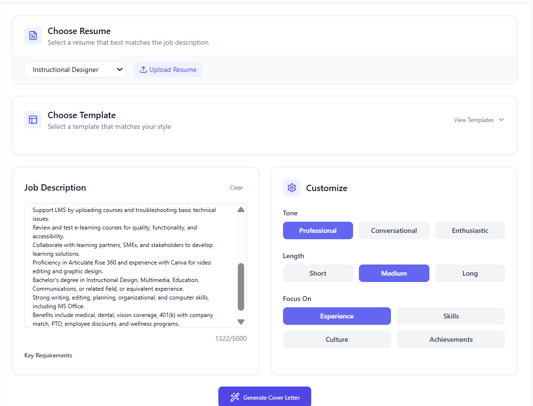 Cover Letter Generator showing personalized cover letters